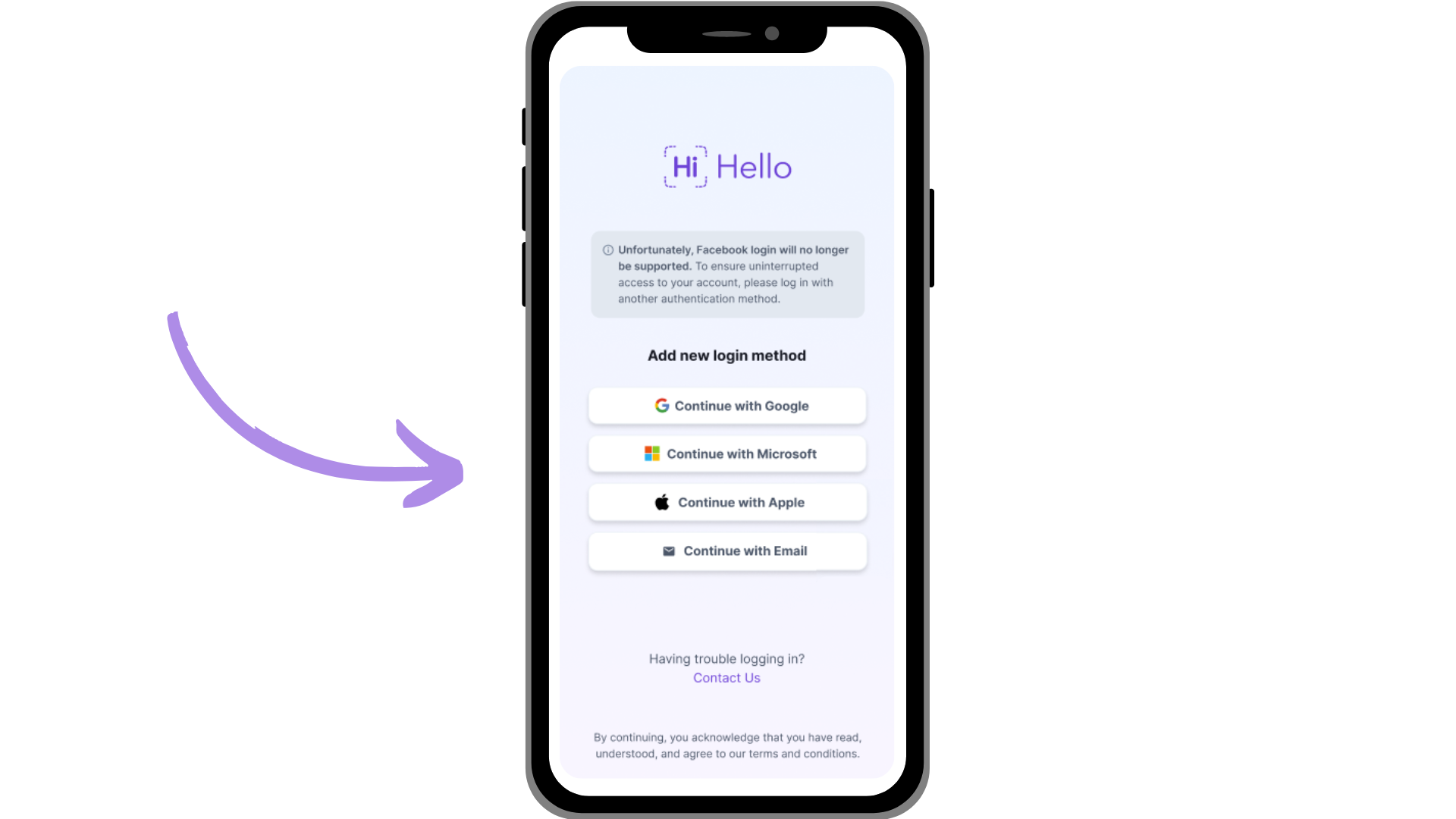 FB Deprecation screen to select new login method.png
