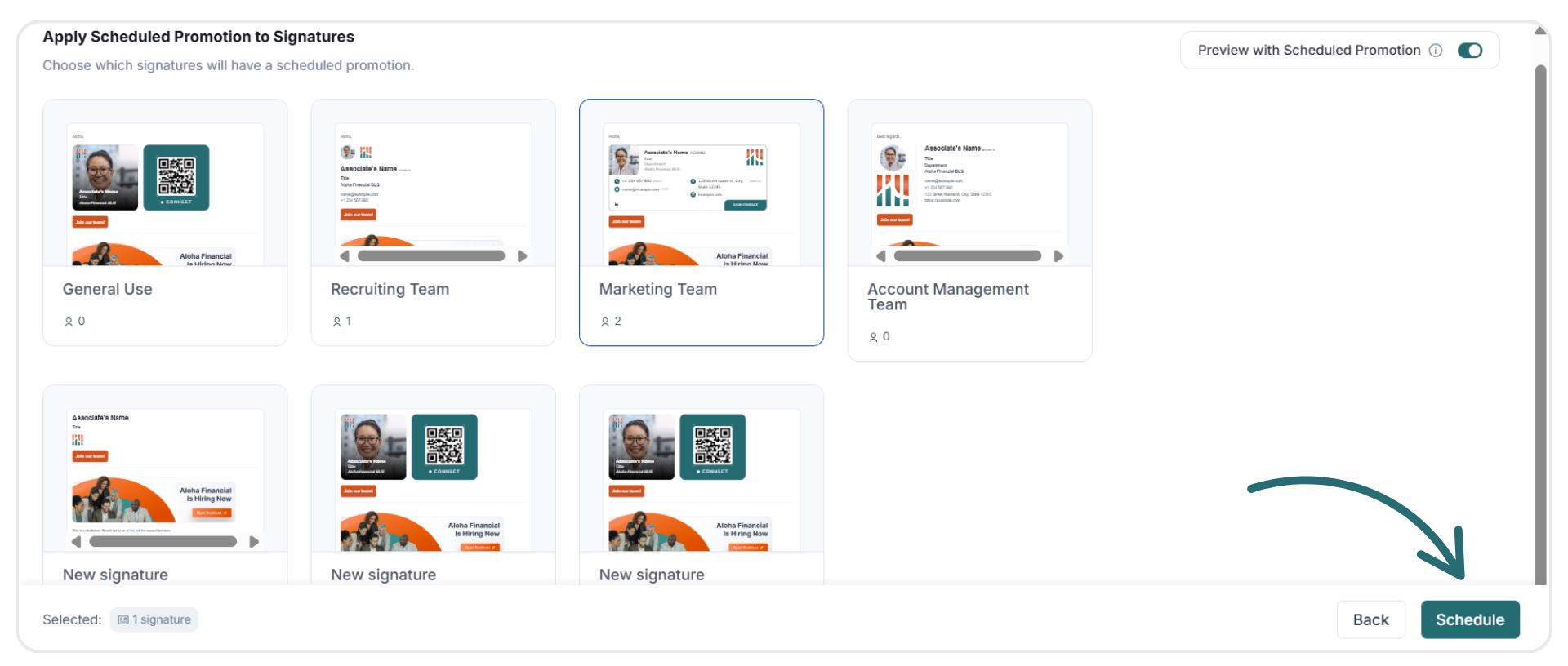 Select signature for promotion then click schedule.png